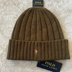Brand New Polo Ralph Lauren Drab Green Knit 50% Wool Beanie Hat Embroidered Pony